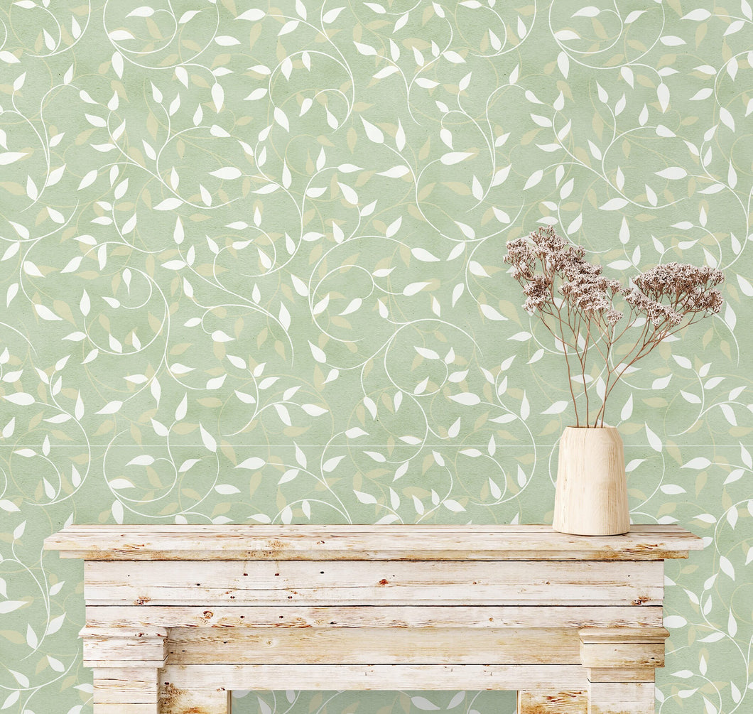 Green botanical leaves cottage farmhouse textured fabric peel and stick wallpaper