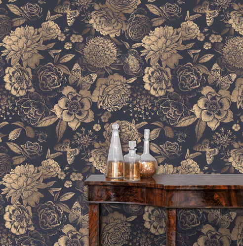 Victorian antique dark floral blue and gold peel and stick wallpaper