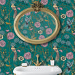 Load image into Gallery viewer, Blue and pink Victorian antique Chinoiserie bird floral fabric peel and stick wallpaper in bathroom with gold mirror and sink
