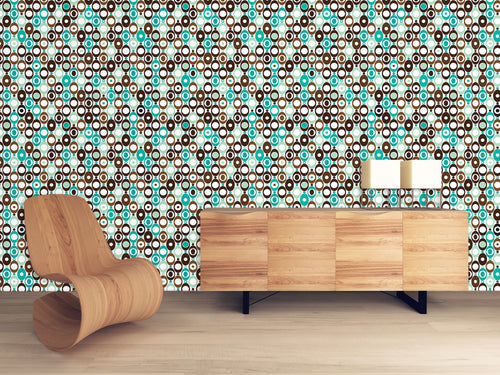 Retro vintage Mid-century modern blue and brown peel and stick wallpaper