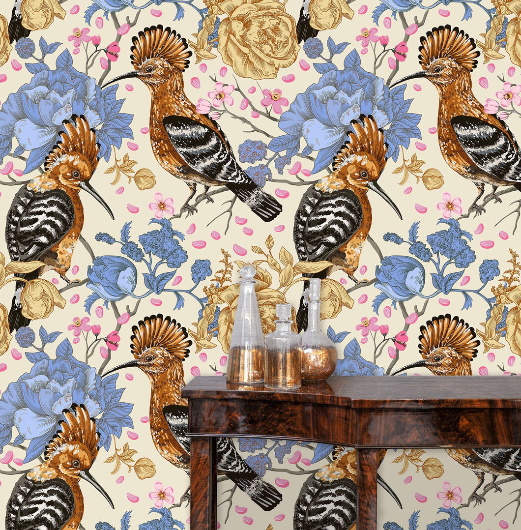 Victorian chinoiserie bird floral peel and stick wallpaper