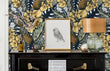 Load image into Gallery viewer, Victorian mid-century-modern floral blue and gold peel and stick wallpaper
