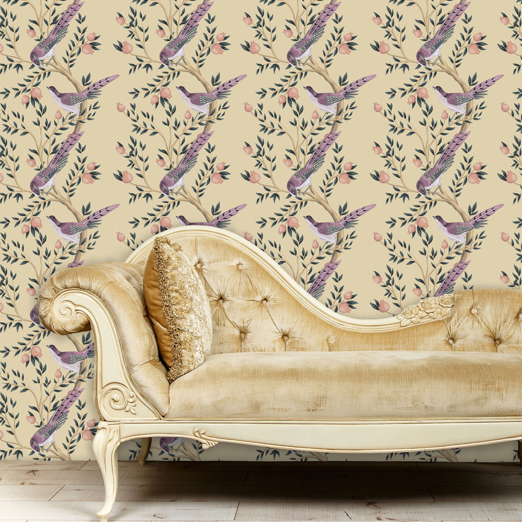 Pink Victorian Chinoiserie bird fabric blend peel and stick wallpaper