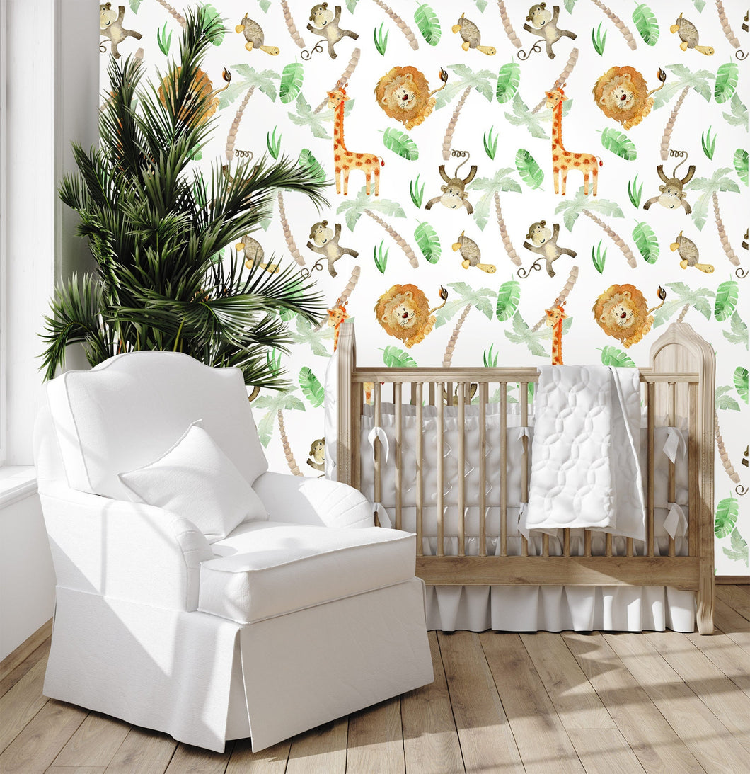 Safari Wallpaper, Zoo Wallpaper, Zoo Nursery, Peel and Stick Wallpaper, Boy Wallpaper, Cute Animal Wallpaper, Fabric Wallpaper