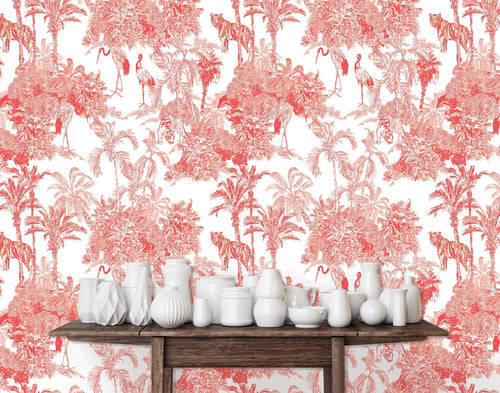 Pink Victorian toile Chinoiserie jungle peel and stick wallpaper