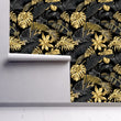 Load image into Gallery viewer, Black and gold Mid-century modern palm leaves tropical wallpaper
