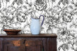 Load image into Gallery viewer, Black and white antique floral fabric blend peel and stick wallpaper
