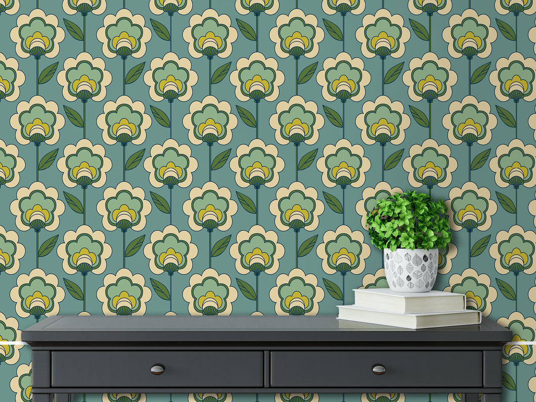 Mid-century modern vintage retro floral peel and stick wallpaper