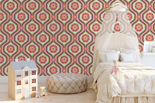 Pink Victorian girl room floral peel and stick wallpaper in girls room with bed and dollhouse