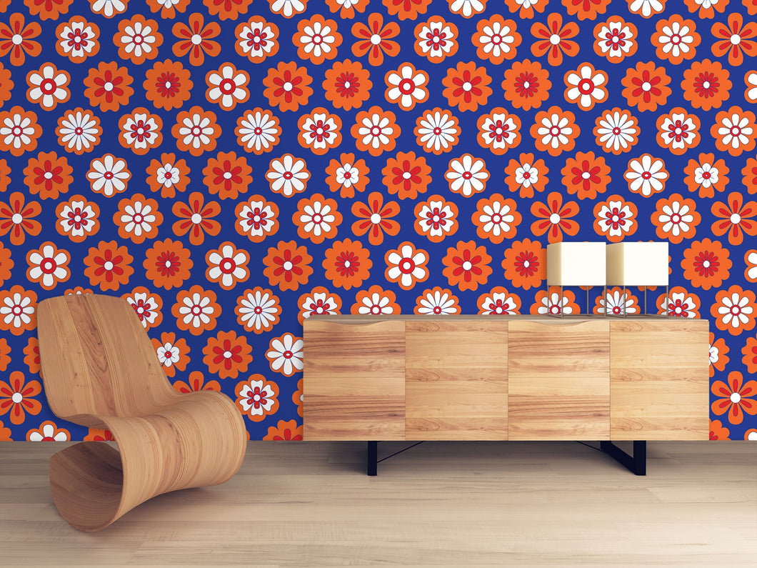 Vintage Mid-century modern blue and orange floral peel and stick wallpaper