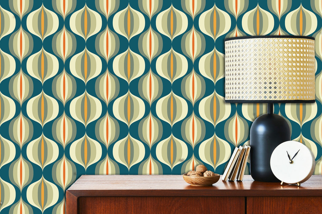 Mid-century modern vintage retro blue geometric peel and stick wallpaper