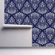 Load image into Gallery viewer, Victorian antique blue damask peel and stick wallpaper
