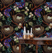 Load image into Gallery viewer, Black and blue botanical butterfly and birds Chinoiserie peel and stick wallpaper
