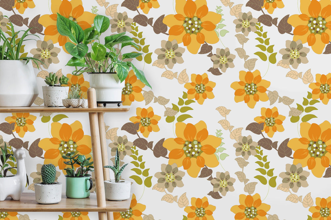 Antique vintage yellow floral botanical peel and stick wallpaper