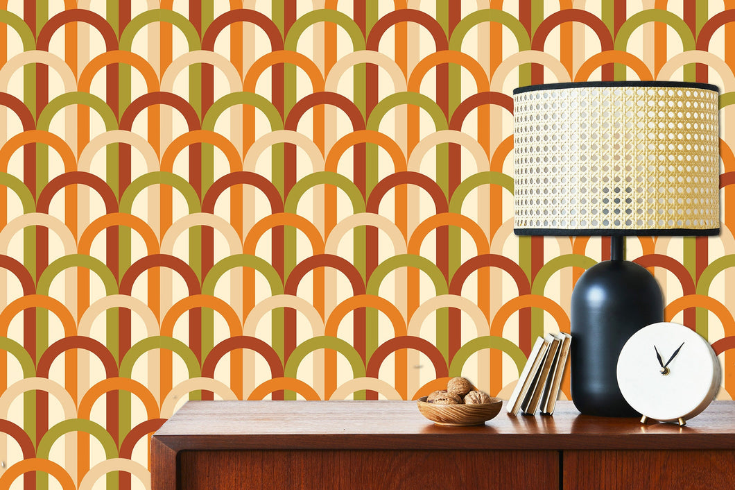 Retro vintage Mid-century Modern geometric orange and green peel and stick wallpaper