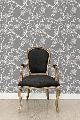 Grey botanical Asian chinoiserie fabric peel and stick wallpaper