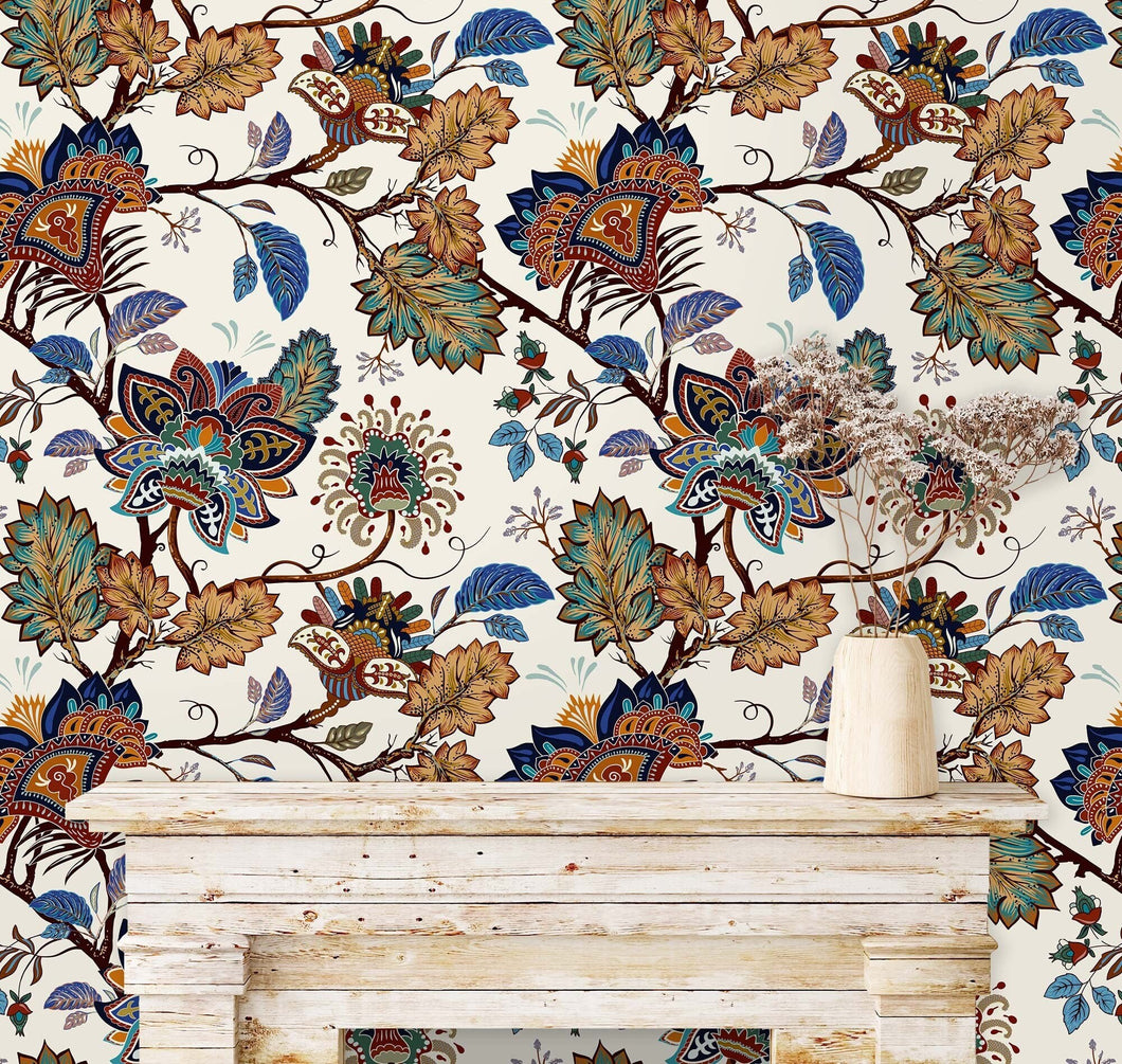 Chinoiserie botanical blue and brown floral fabric peel and stick wallpaper