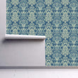 Load image into Gallery viewer, Victorian blue damask fabric peel and stick wallpaper
