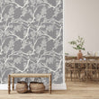 Load image into Gallery viewer, Grey botanical Asian chinoiserie fabric peel and stick wallpaper
