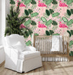 Load image into Gallery viewer, Tropical palm leaves and flamingo fabric peel and stick wallpaper
