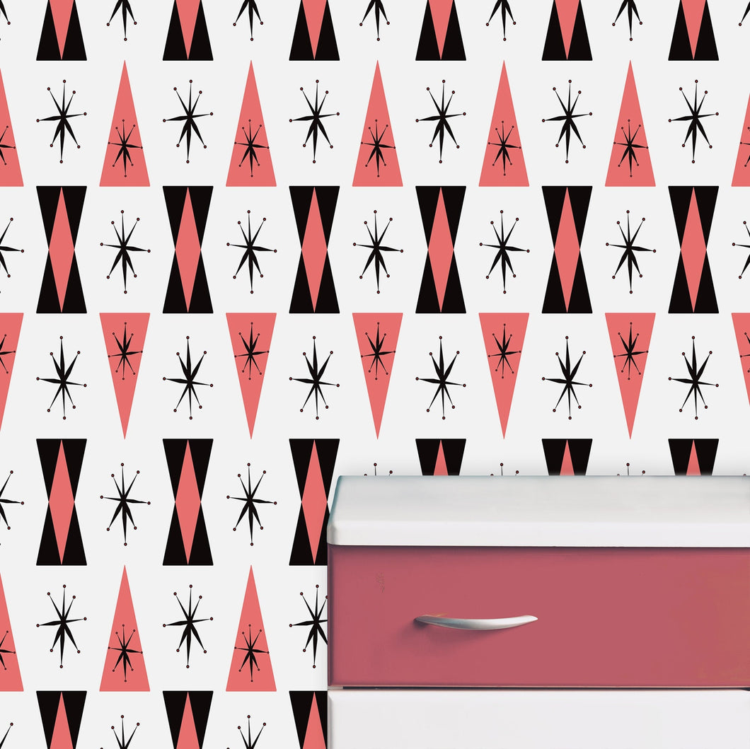 Retro Wallpaper, Mid Century Wallpaper, Vintage Wallpaper, Pink and Black Wallpaper, Peel and Stick Wallpaper, Fabric Wallpaper