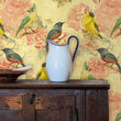 Load image into Gallery viewer, Victorian bird pink floral fabric peel and stick wallpaper
