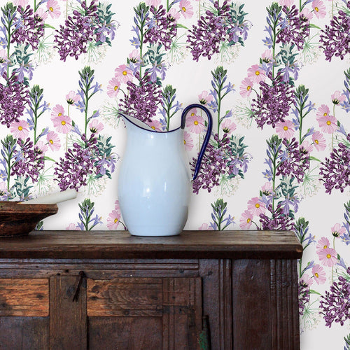 Purple lilac floral farmhouse fabric peel and stick wallpaper