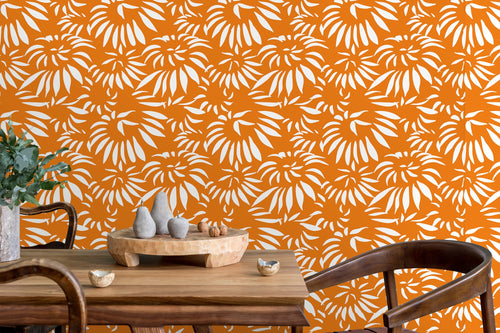 Orange retro floral fabric peel and stick wallpaper