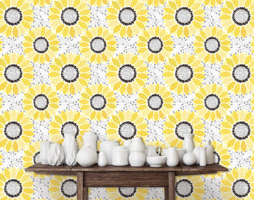 Sunflower floral yellow cottage style fabric peel and stick wallpaper