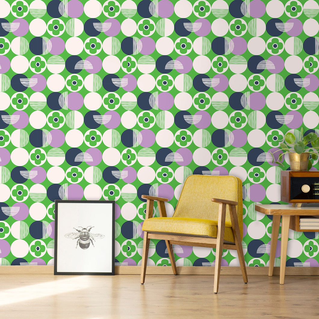 Vintage retro Mid-century modern green and blue geometric fabric peel and stick wallpaper