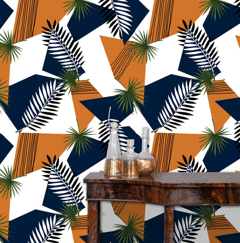 Retro Mid Century Modern vintage tropical blue and orange fabric peel and stick wallpaper