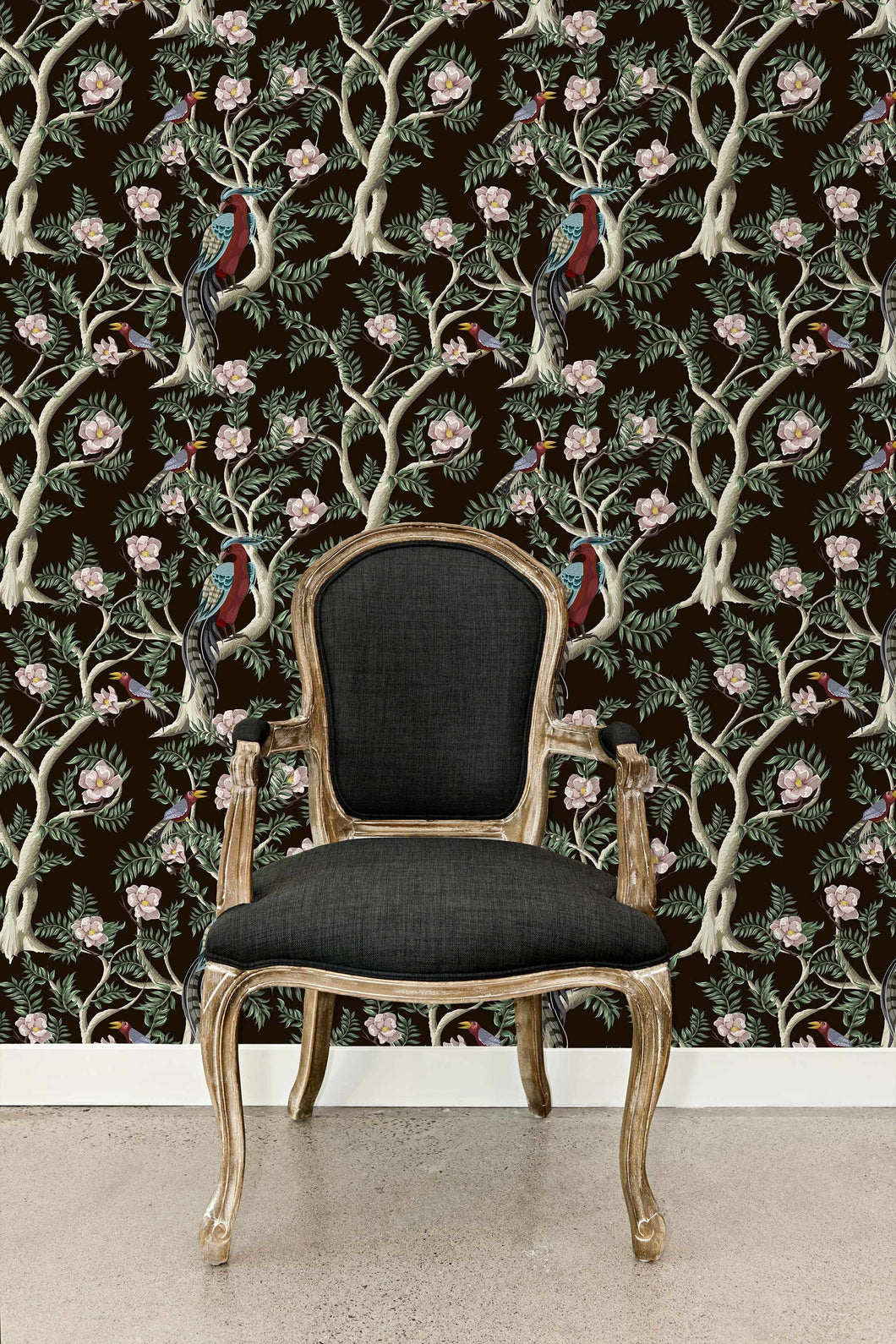 Chinoiserie dark floral botanical fabric peel and stick wallpaper