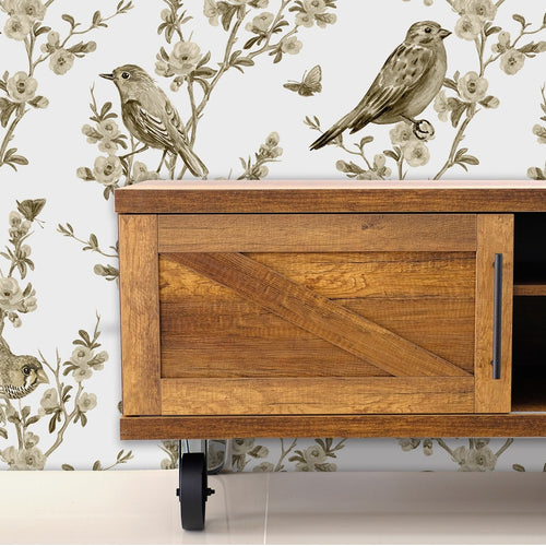 Brown Chinoiserie bird garden fabric peel and stick wallpaper