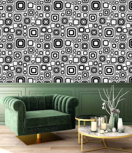 Retro Wallpaper, Geometric Wallpaper, Mid Century Wallpaper, Black and White Vintage Wallpaper, Peel and Stick Wallpaper, Fabric Wallpaper