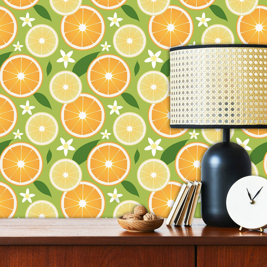 Retro vintage citrus fruit orange and green peel and stick wallpaper