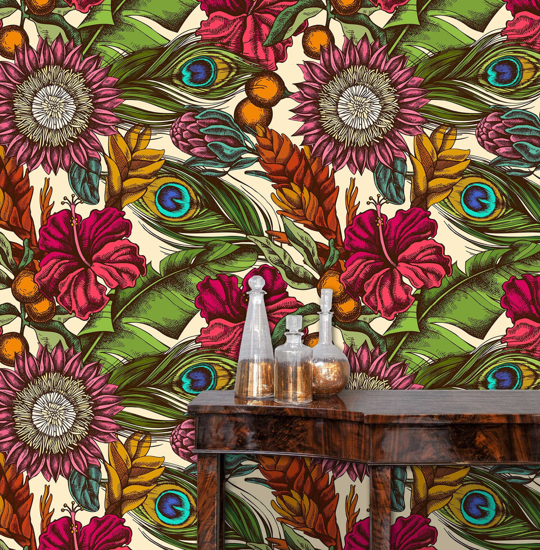 Ambrose Avenue Retro Botanical Peacock Peel and Stick Wallpaper