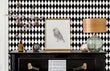Load image into Gallery viewer, Geometric black and white harlequin fabric peel and stick wallpaper
