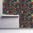 Load image into Gallery viewer, Blue and red botanical bird fabric peel and stick wallpaper
