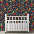 Load image into Gallery viewer, Blue and red botanical bird fabric peel and stick wallpaper
