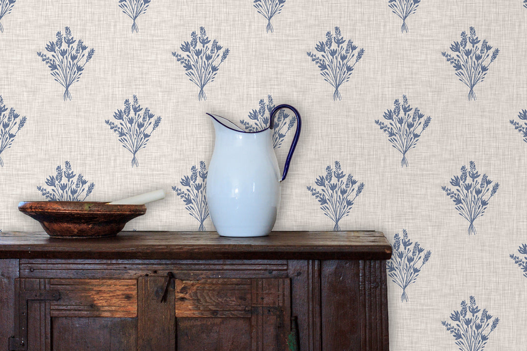 Blue antique floral linen fabric peel and stick wallpaper