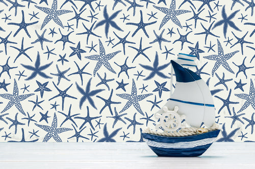 Blue starfish nautical fabric peel and stick wallpaper