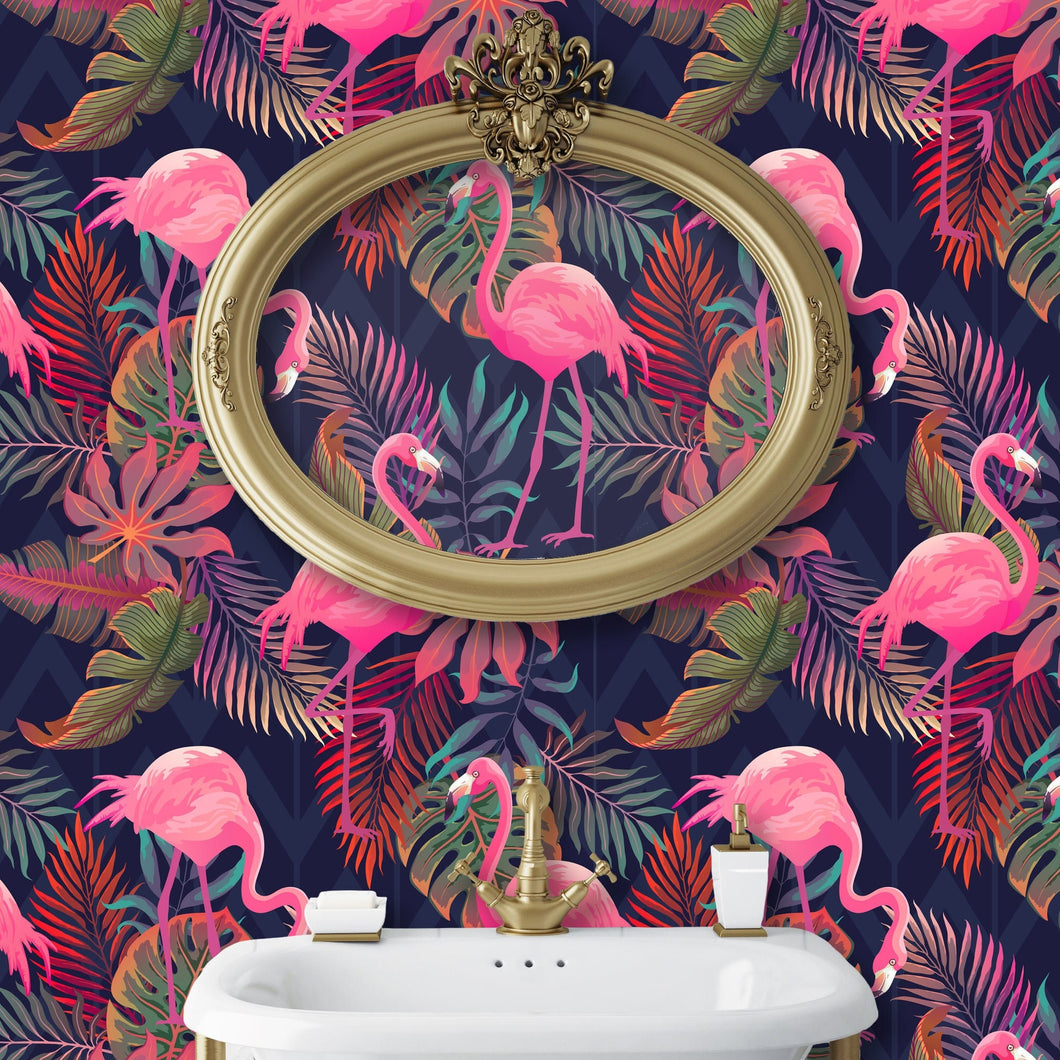 Vintage retro 80s flamingo fabric peel and stick wallpaper