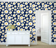 Load image into Gallery viewer, Blue and yellow floral daisy fabric peel and stick wallpaper
