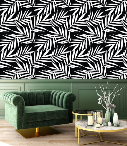 Black and white tropical palm fabric peel and stick wallpaper