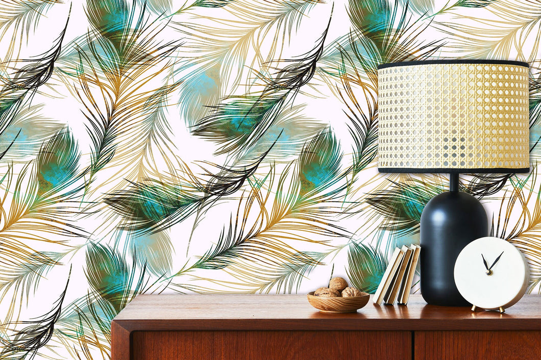 Mid-century Modern peacock feather fabric peel and stick wallpaper