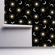 Load image into Gallery viewer, Black and mauve sun and stars celestial fabric peel and stick wallpaper
