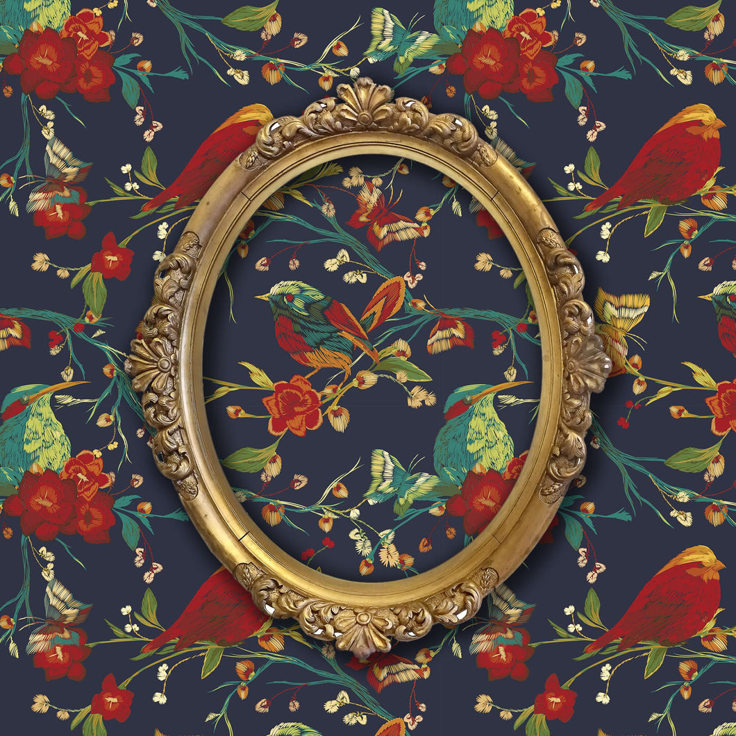 Blue and red botanical bird fabric peel and stick wallpaper