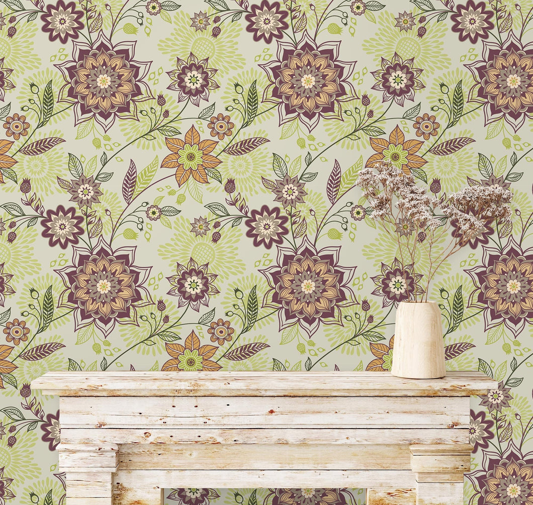 Whimsical purple floral fabric peel and stick wallpaper