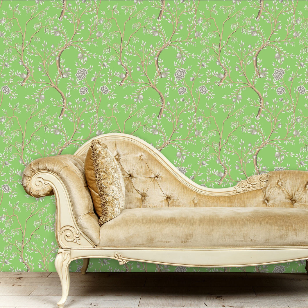 Chinoiserie Wallpaper, Green Floral Wallpaper, Botanical Wallpaper, Antique Wallpaper, Peel and Stick Wallpaper, Fabric Wallpaper