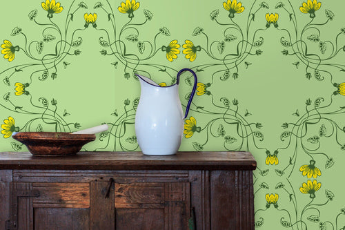 Antique vintage green and yellow floral fabric peel and stick wallpaper